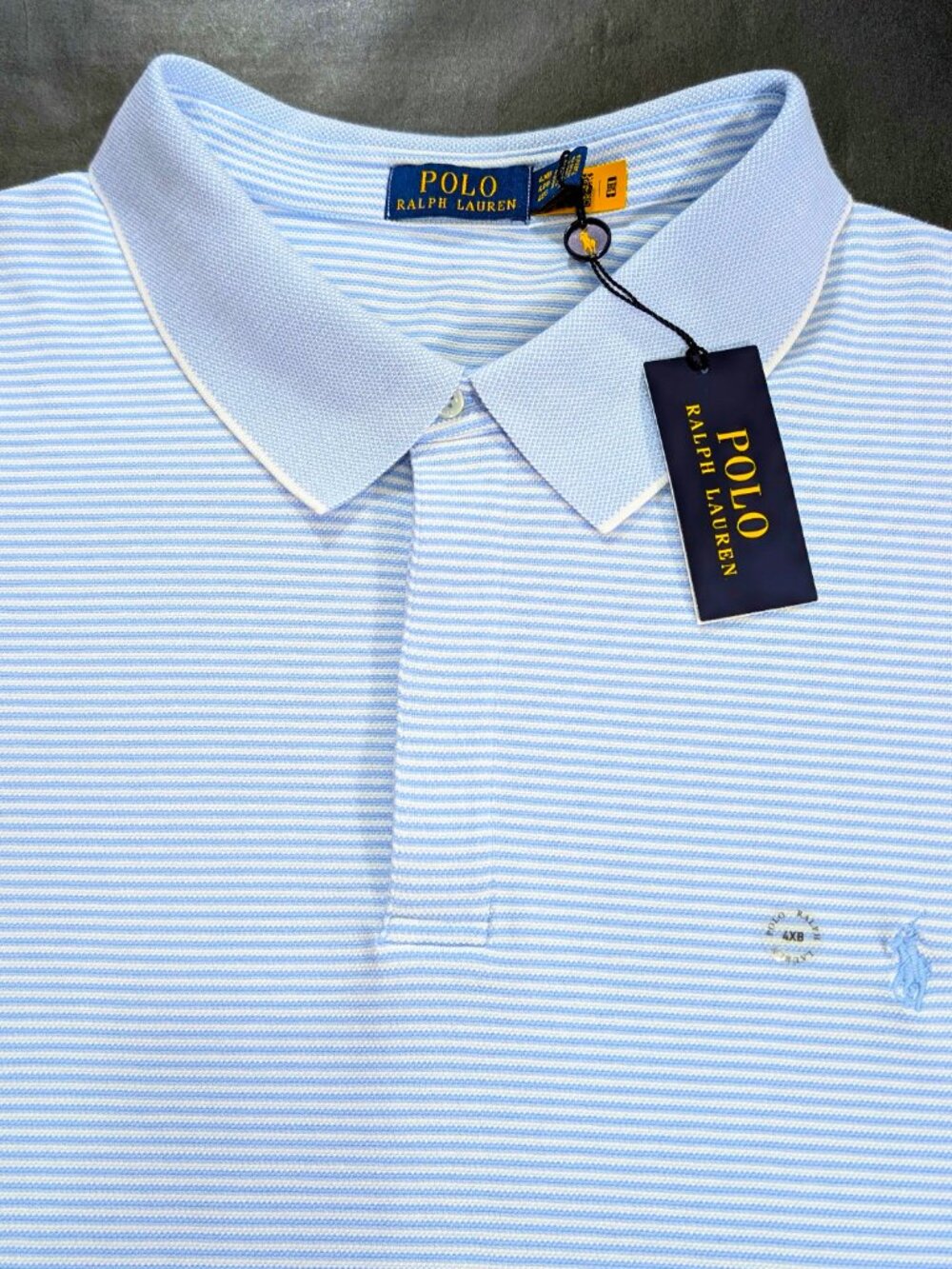 Polo Ralph Lauren Shirt Men`s 4XLT 4XB Blue White Striped Short Sleeve Polo Mesh